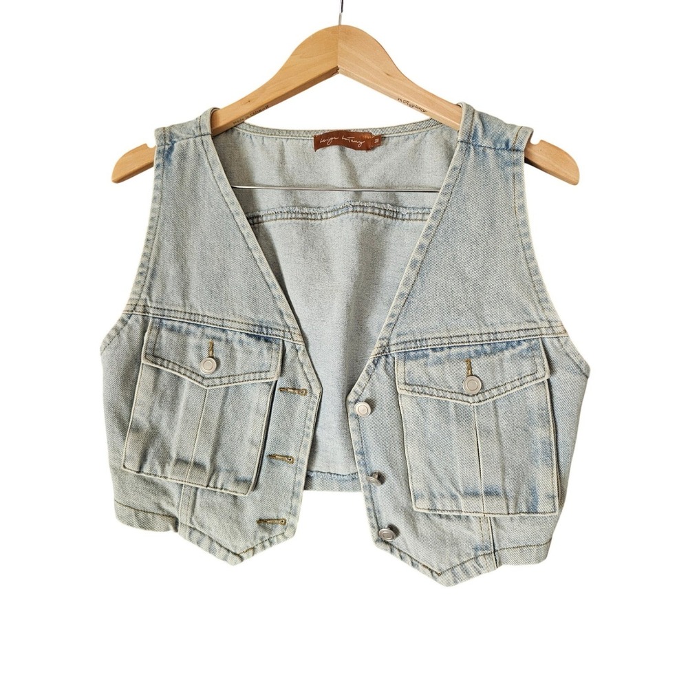 Beige Botany Womens Light Wash Denim Cropped Vest Blue Cotton Button Front M
